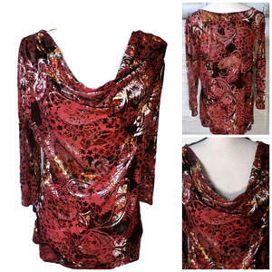 Y2k Velvet Burnout top XL Rust Burgundy Paisley Drape cowl Whimsigoth Fairygoth